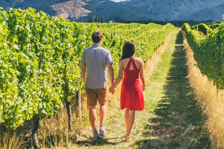 Ein Paar spaziert Hand in Hand durch einen Weinberg