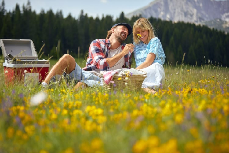Pärchen macht ein Picknick auf einer bunten Blumenwiese