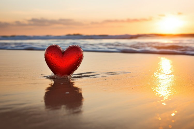 Ein rotes Herz steckt im Sand der Meeresbrandung