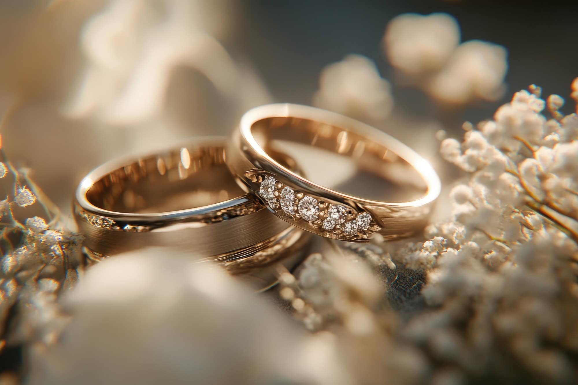 Ein goldenes Paar Eheringe mit weißen Trockenblumen