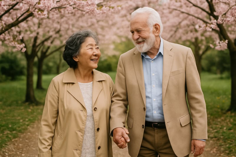 Ein älteres Paar geht lächelnd Hand in Hand unter blühenden Kirschbäumen, beide elegant in beigen Jacken gekleidet.