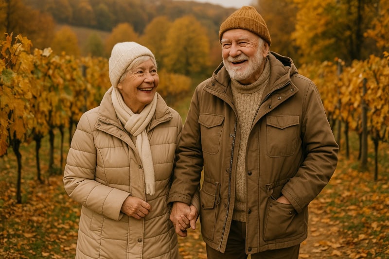 Ein Ehepaar im Rentenalter spaziert warm eingepackt durch ein herbstliches Weinanbaugebiet, umgeben von goldenem Laub.