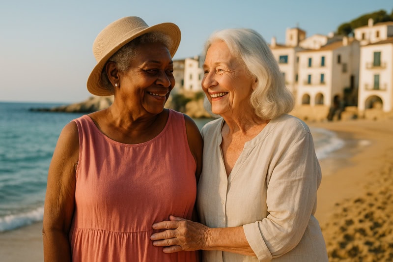 Zwei ältere Frauen, lachen sich herzlich an und stehen eng umschlungen am sonnigen Strand vor mediterraner Kulisse.