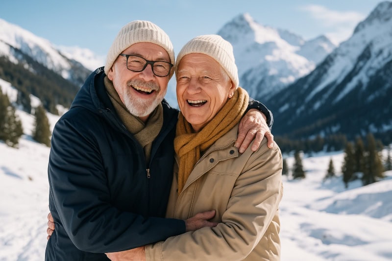 Zwei ältere Männer im Rentenalter stehen Arm in Arm lachend in einer verschneiten Berglandschaft, beide in Winterjacken und Mützen gekleidet.