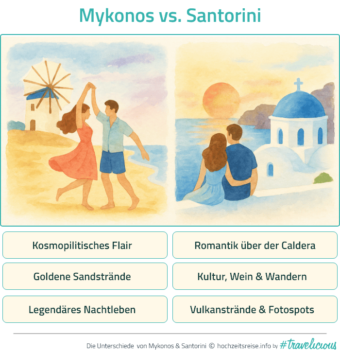 Aquarellillustration mit tanzendem Paar am Strand (Mykonos) und Paar beim Sonnenuntergang über der Caldera (Santorini). Darunter sechs Stichpunkte mit Highlights beider Inseln.