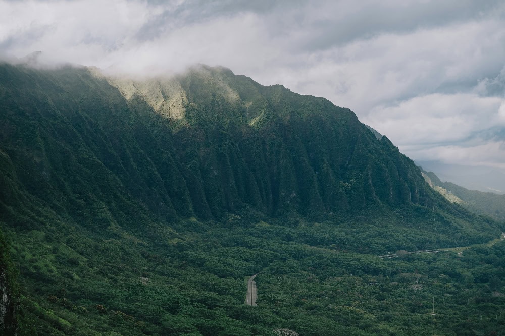 Üppig grünes Tal auf Hawaii mit steilen Bergflanken, die von Nebel und Wolken umhüllt sind.