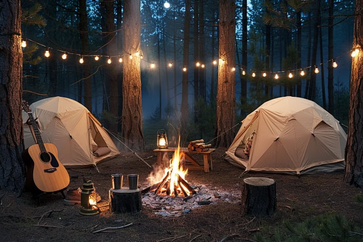 Zwei beleuchtete Zelte im Wald bei Nacht, vor einem Lagerfeuer mit Gitarre, Campinggeschirr und Lichterkette zwischen den Bäumen.