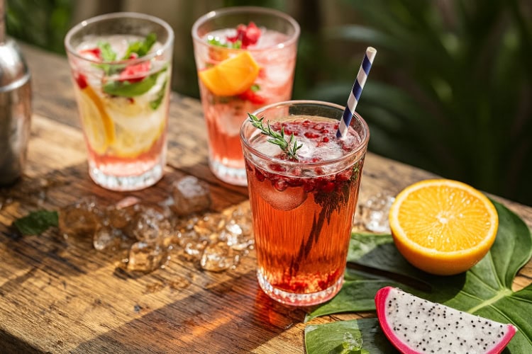 Bunte Cocktails und Früchte auf einem Holztisch.