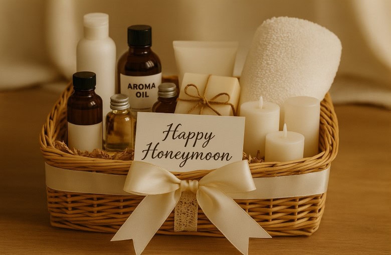 Geschenkkorb mit Wellnessartikeln wie Aromaölen, Kerzen, Handtuch und Seife, verziert mit cremefarbener Schleife und Karte „Happy Honeymoon“.