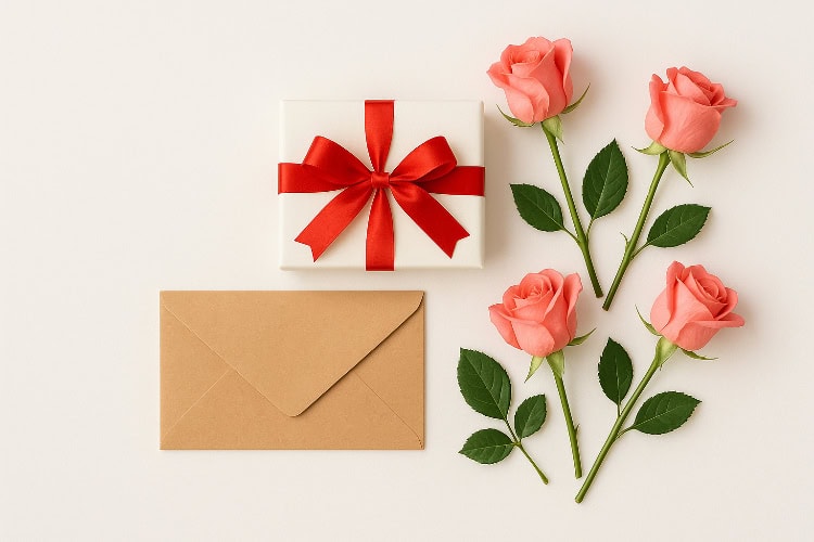 Flach gelegte Komposition mit Geschenkbox und roter Schleife, braunem Umschlag und vier rosa Rosen auf weißem Hintergrund.