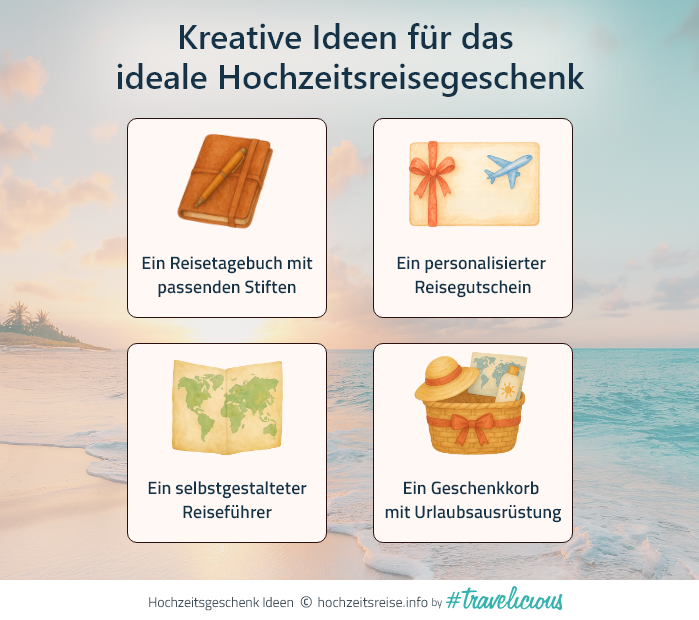 Infografik mit vier Vorschlägen für kreative Hochzeitsreisegeschenke: Reisetagebuch mit Stiften, personalisierter Reisegutschein, selbstgestalteter Reiseführer, Geschenkkorb mit Urlaubsausrüstung.