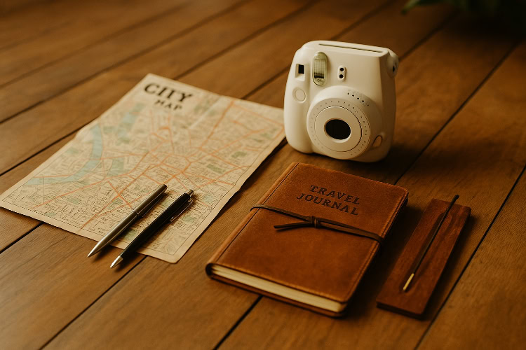 EIne Polaroid-Kamera, Stadtgarte und Reisetagebuch auf einem Holztisch