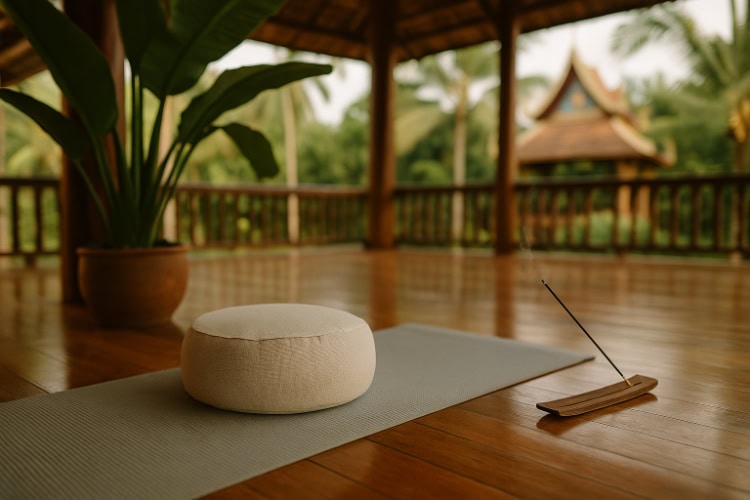 Eine Yogamatte mit Meditationskissen in einem Yogastudio in Thailand
