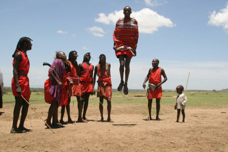 Maasai-Männer in roten Gewändern führen traditionellen Sprungtanz auf.