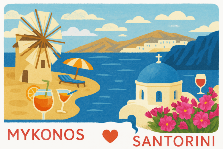Illustration im Retro-Stil mit geteiltem Motiv – links Mykonos mit Windmühle, Sonnenliege und Cocktails am Strand, rechts Santorini mit weiß-blauer Kuppelkirche, Wein und Blumen. Darunter stehen die Inselnamen.