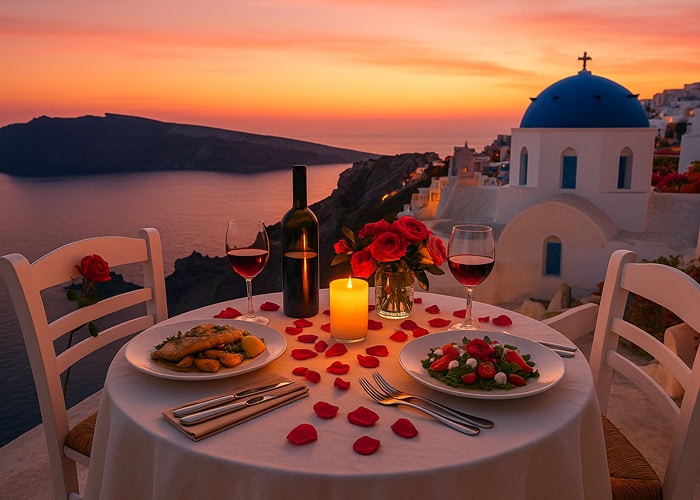 Romantisch gedeckter Tisch für zwei Personen mit Blick auf das Meer bei Sonnenuntergang auf Santorini.