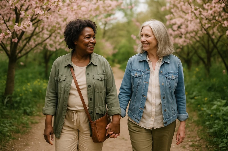 Zwei etwa fünfzigjährige Frauen – eine schwarze, eine weiße – spazieren Hand in Hand durch einen Park mit blühenden Kirschbäumen und lächeln sich liebevoll an.