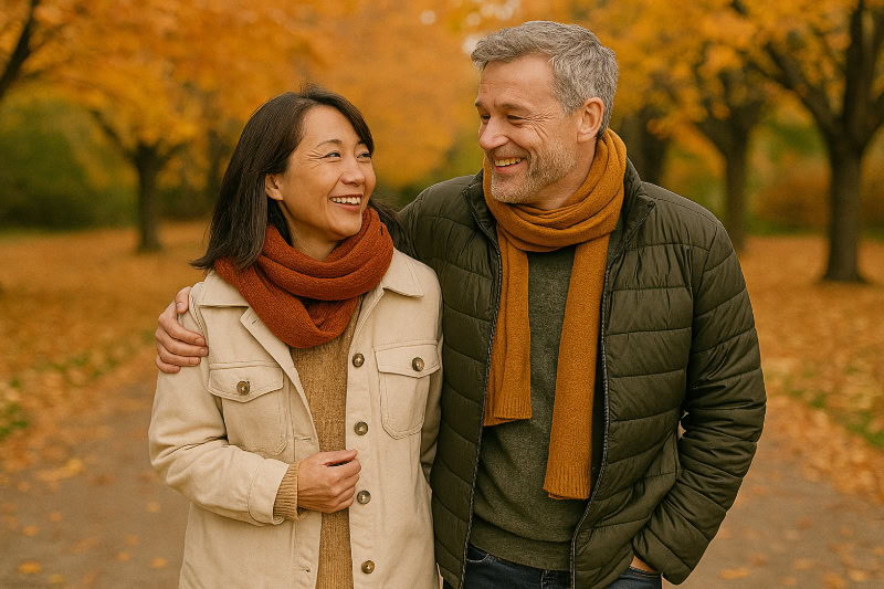 Eine asiatische Frau und ein weißer Mann, beide um die fünfzig, gehen Hand in Hand auf einem herbstlichen Waldweg mit goldenem Laub.