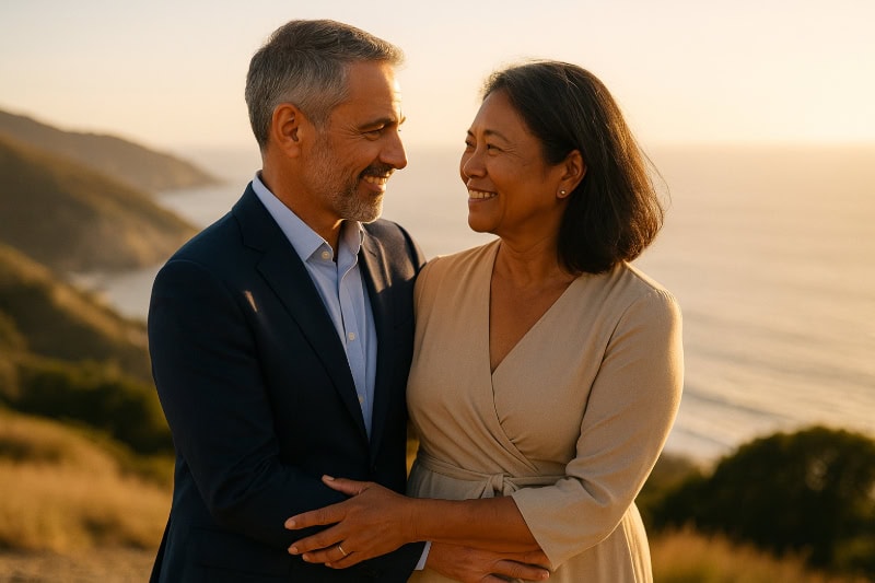 Ein Ehepaar um die fünfzig umarmt sich liebevoll im goldenen Abendlicht auf einer Anhöhe mit Blick aufs Meer – ein Moment voller Ruhe, Stolz und tiefer Verbundenheit.