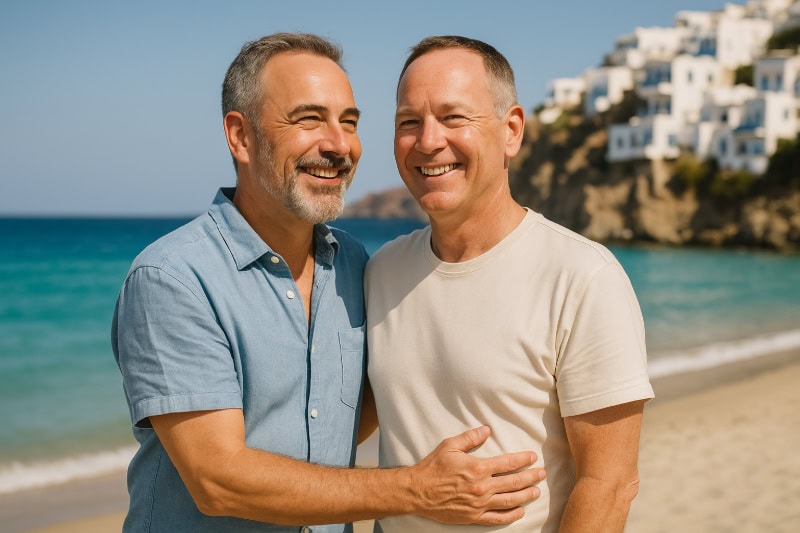 Zwei weißhäutige Männer um die fünfzig stehen lächelnd Arm in Arm an einem mediterranen Sandstrand, im Hintergrund weiße Häuser auf Felsen.