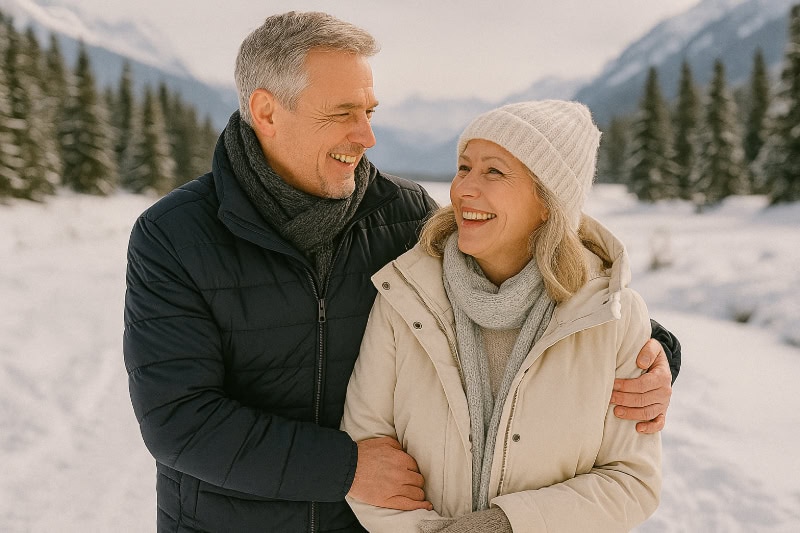 Ein weißes Ehepaar um die fünfzig, warm eingepackt in Winterjacken und Mützen, steht lachend in einer verschneiten Berglandschaft.